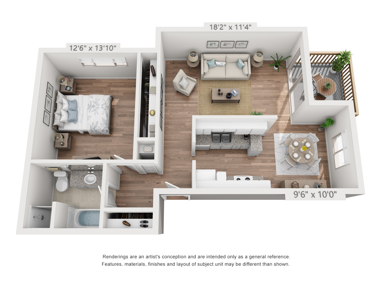 Floor plan for 1 bed, 1 bath, 760 sqft